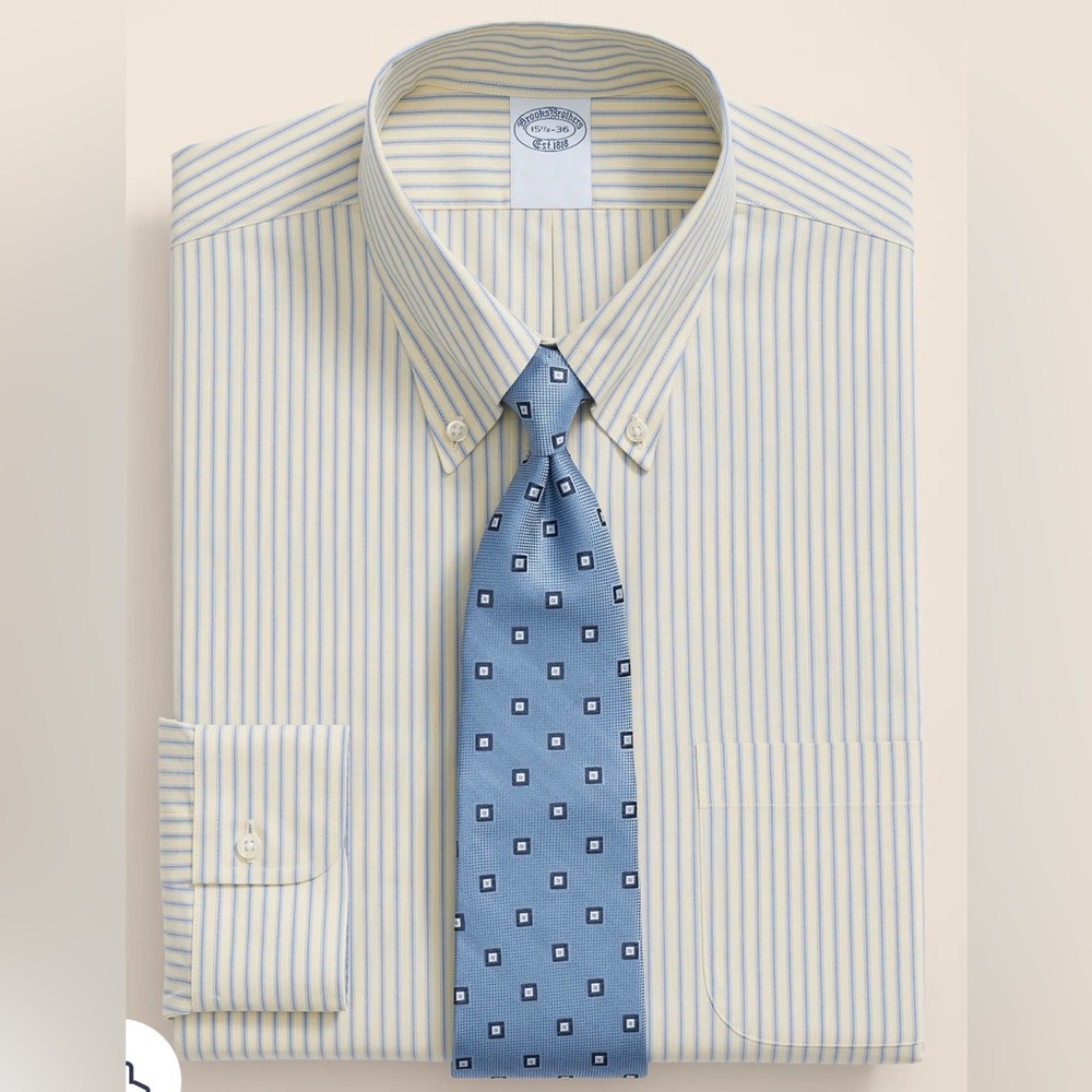 NWOT Brooks Brothers Yellow Blue Cotton Non-Iron Striped Dress Shirt 17 6-7 XL